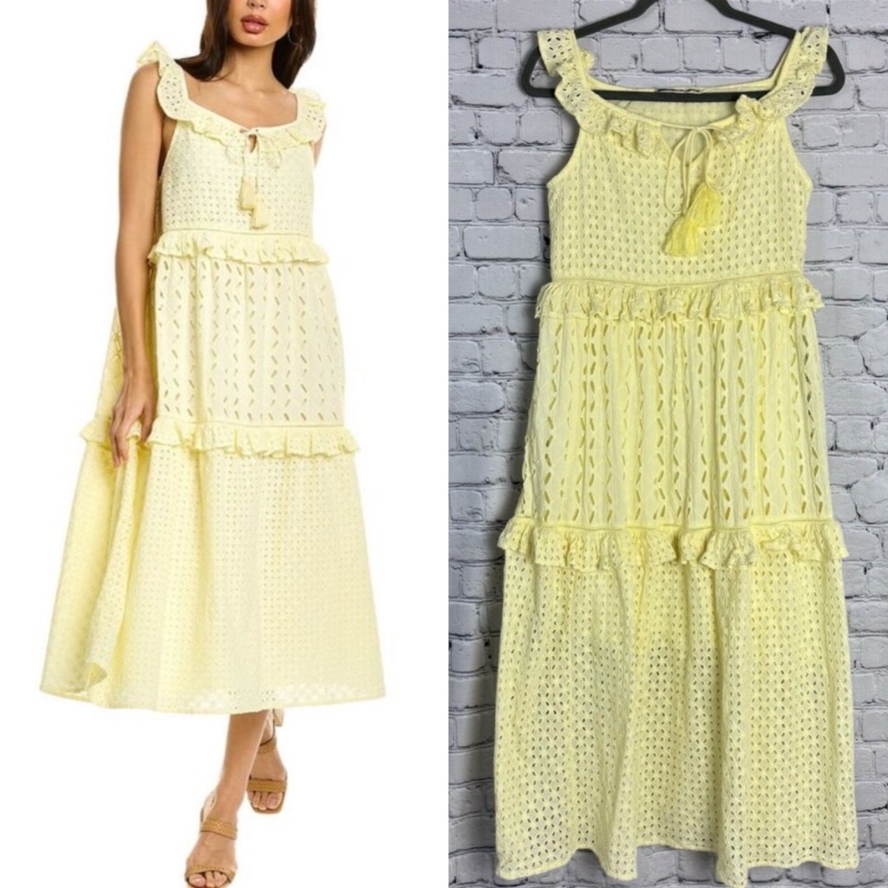 Bindu Dominique Eyelet Lace Tiered Maxi Dress Womens Size XS Yellow Sleeveless